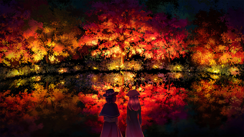 2girls, autumn_leaves, black_capelet, black_headwear, black_skirt, blonde_hair, bow, brown_hair