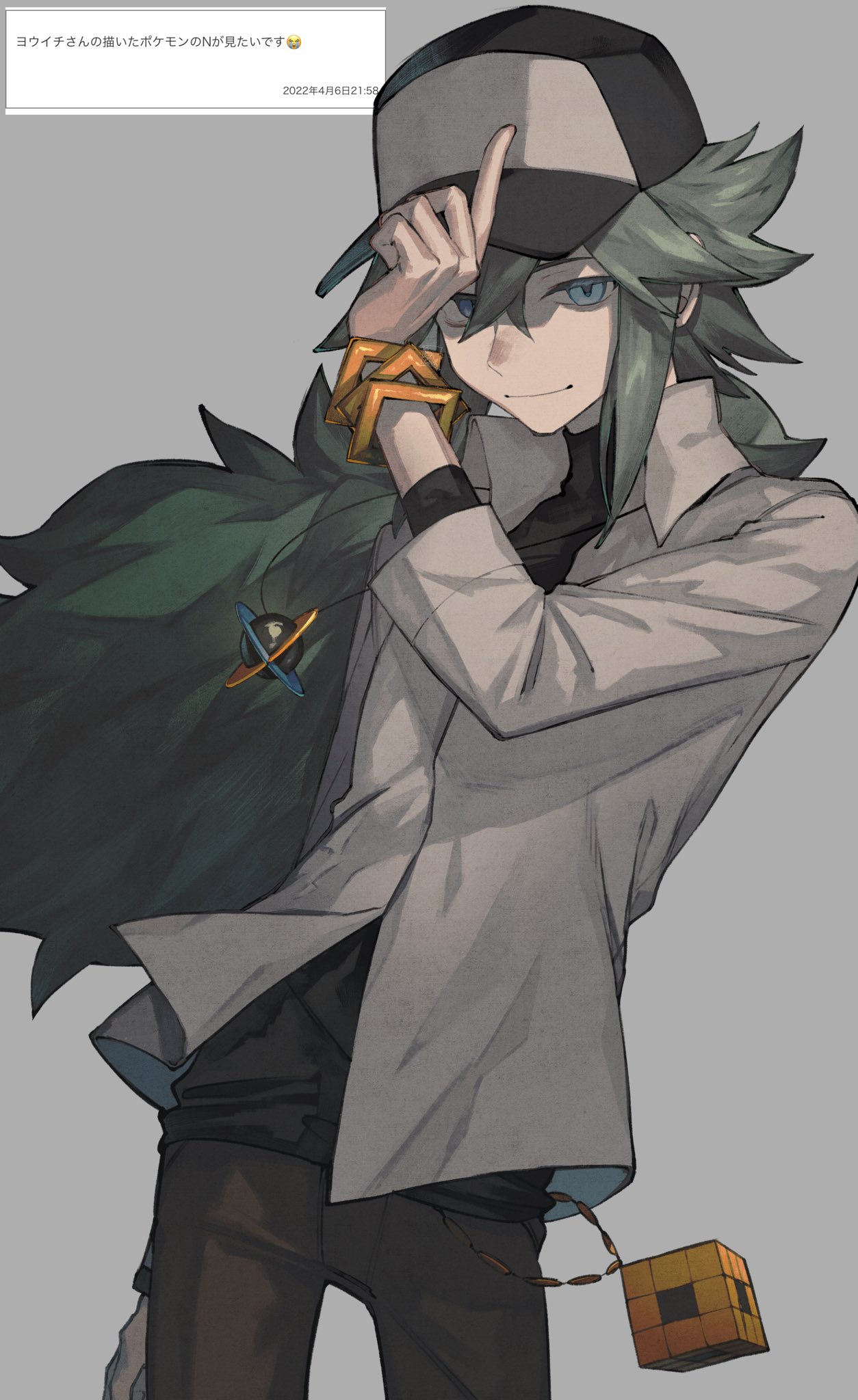 1boy, bangs, baseball_cap, blue_eyes, closed_mouth, collared_shirt, commentary_request, cowboy_shot, cube, floating_hair, green_hair, hair_between_eyes, hand_on_headwear, hand_up, hat, highres, jewelry, long_hair, male_focus, migato, n_(pokemon), necklace, pants, pokemon, pokemon_(game), pokemon_bw, shirt, smile, solo, undershirt