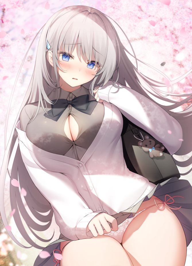 1girl, bag, bangs, bear, black_bow, black_neckwear, blue_eyes, blush