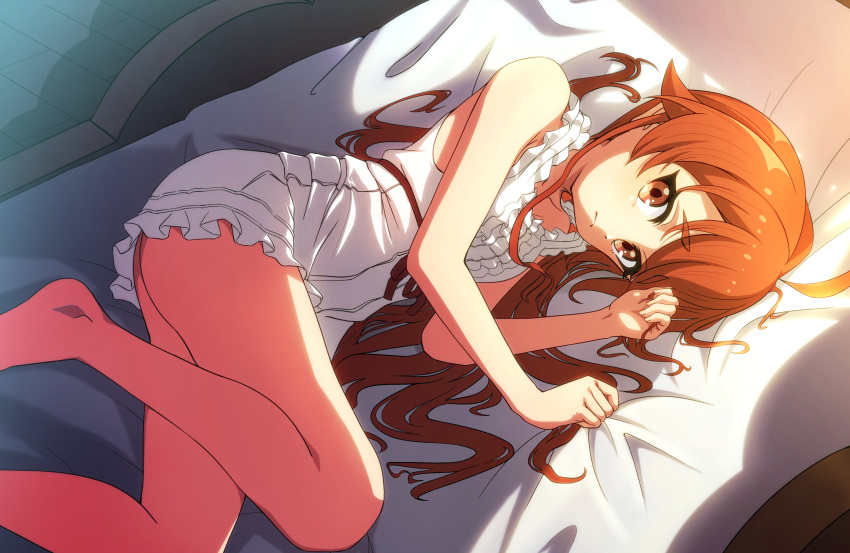 1girl, ahoge, bangs, bare_shoulders, barefoot, bed_sheet, blush, breasts