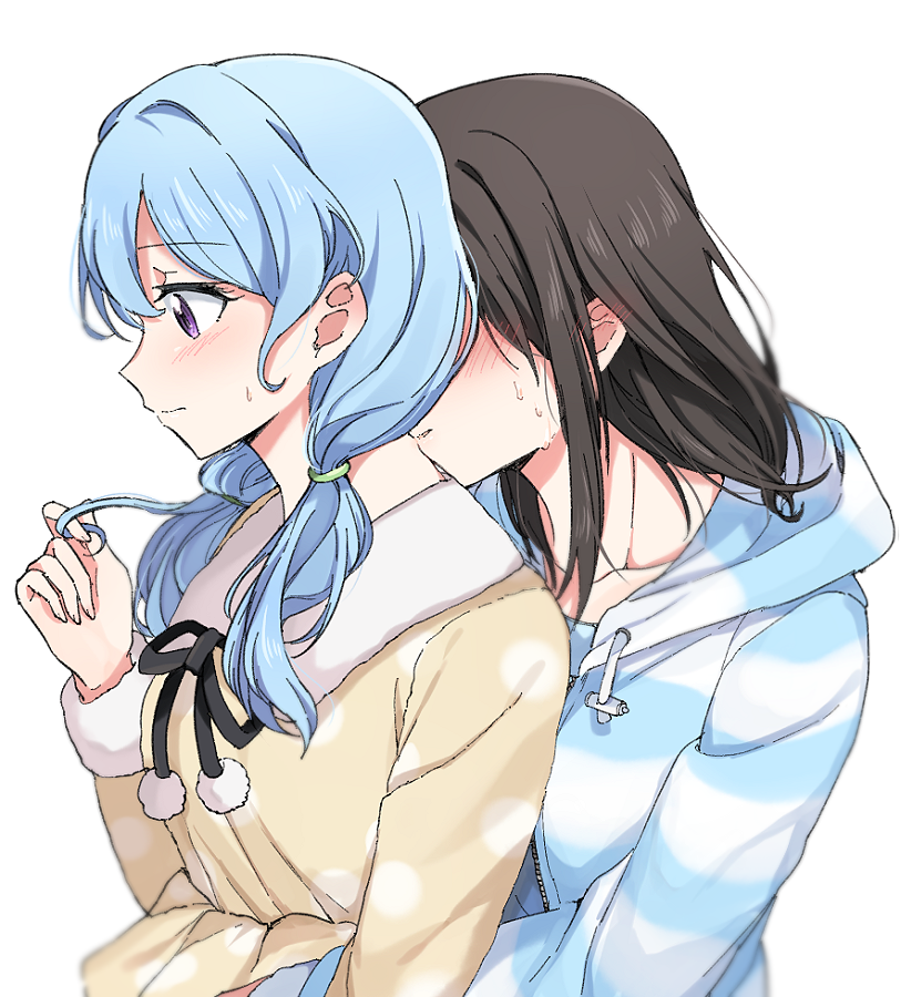 2girls, aoiro_050, bang_dream!, black_hair, blue_hair, hair_twirling, hidden_face, hug