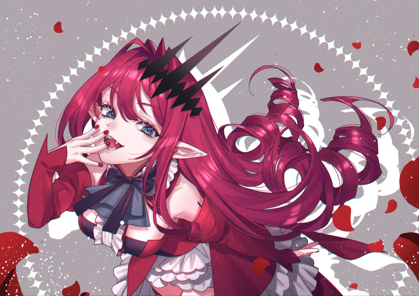 1girl, :d, absurdres, bangs, black_bow, black_bowtie, blue_eyes, bow, bowtie, breasts, center_frills, commentary, crown, detached_sleeves, dress, fairy_knight_tristan_(fate), fangs, fate/grand_order, fate_(series), frilled_shirt_collar, frills, from_above, hair_intakes, hand_to_own_mouth, highres, layered_dress, lin_(sm1621821), long_hair, long_sleeves, looking_at_viewer, looking_up, medium_breasts, open_mouth, petals, pointy_ears, red_nails, redhead, ringlets, shiny, shiny_hair, sidelocks, slit_pupils, smile, solo