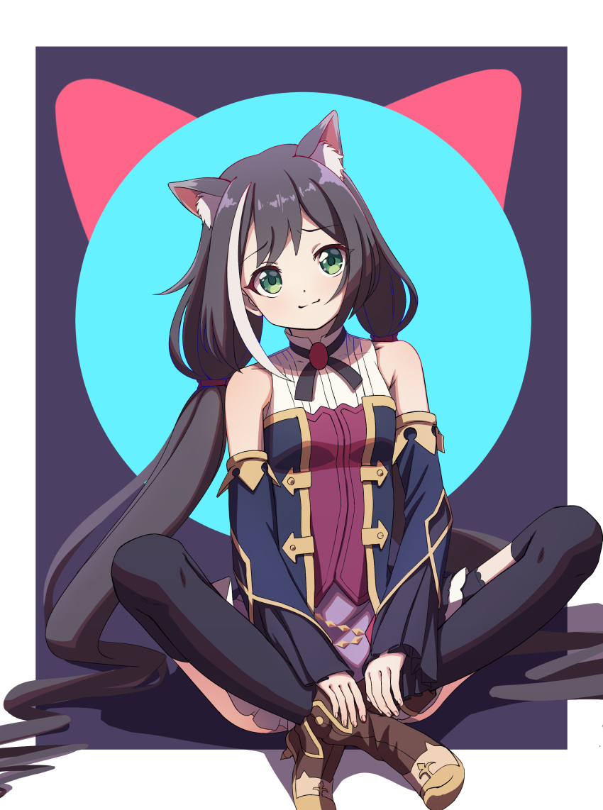 1girl, absurdres, animal_ear_fluff, animal_ears, bangs, black_hair, black_legwear, border, breasts, cat_ears, closed_mouth, detached_sleeves, dress, full_body, godyuurei, green_eyes, highres, indian_style, jacket, karyl_(princess_connect!), layered_dress, long_hair, looking_at_viewer, low_twintails, multicolored_hair, outside_border, princess_connect!, purple_jacket, sitting, sleeveless, sleeveless_dress, small_breasts, solo, streaked_hair, thigh-highs, twintails, very_long_hair