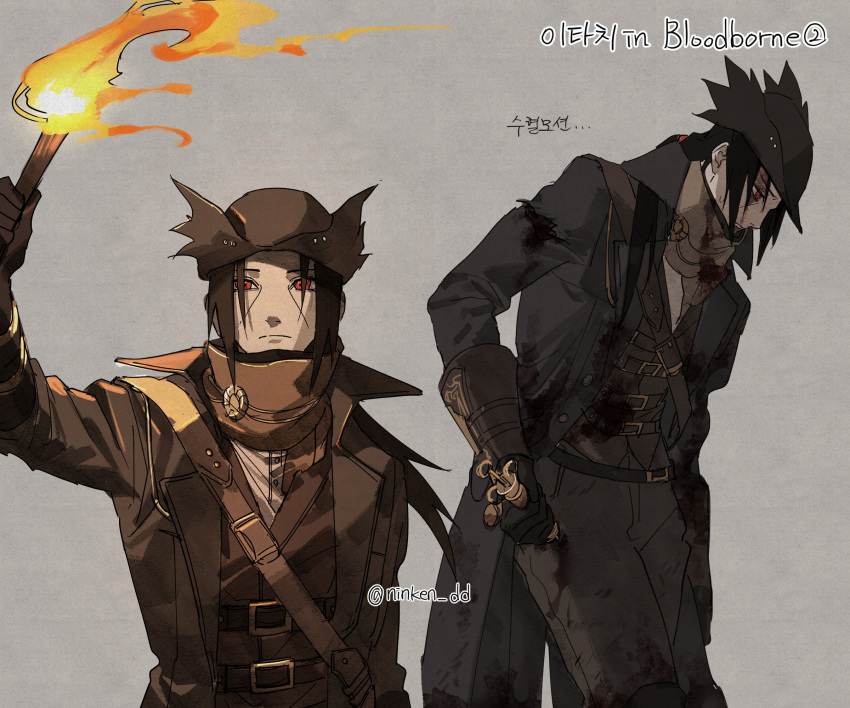 1boy, artist_name, belt, belt_buckle, black_hair, black_headwear, bloodborne, blowtorch