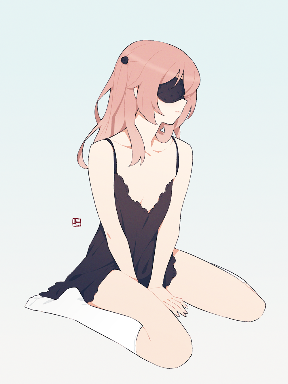 1girl, between_legs, blindfold, closed_mouth, collarbone, covered_eyes, flat_chest, full_body