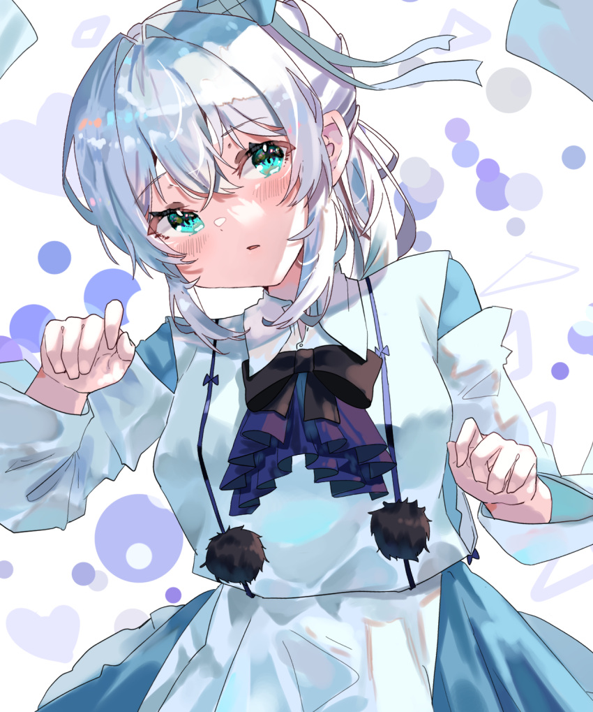 1girl, adapted_costume, bangs, blush, dress, eyebrows_visible_through_hair, hair_between_eyes, highres, lei_(knfz7274), long_sleeves, looking_at_viewer, mononobe_no_futo, no_hat, no_headwear, parted_lips, ribbon, silver_hair, simple_background, solo, touhou, white_background
