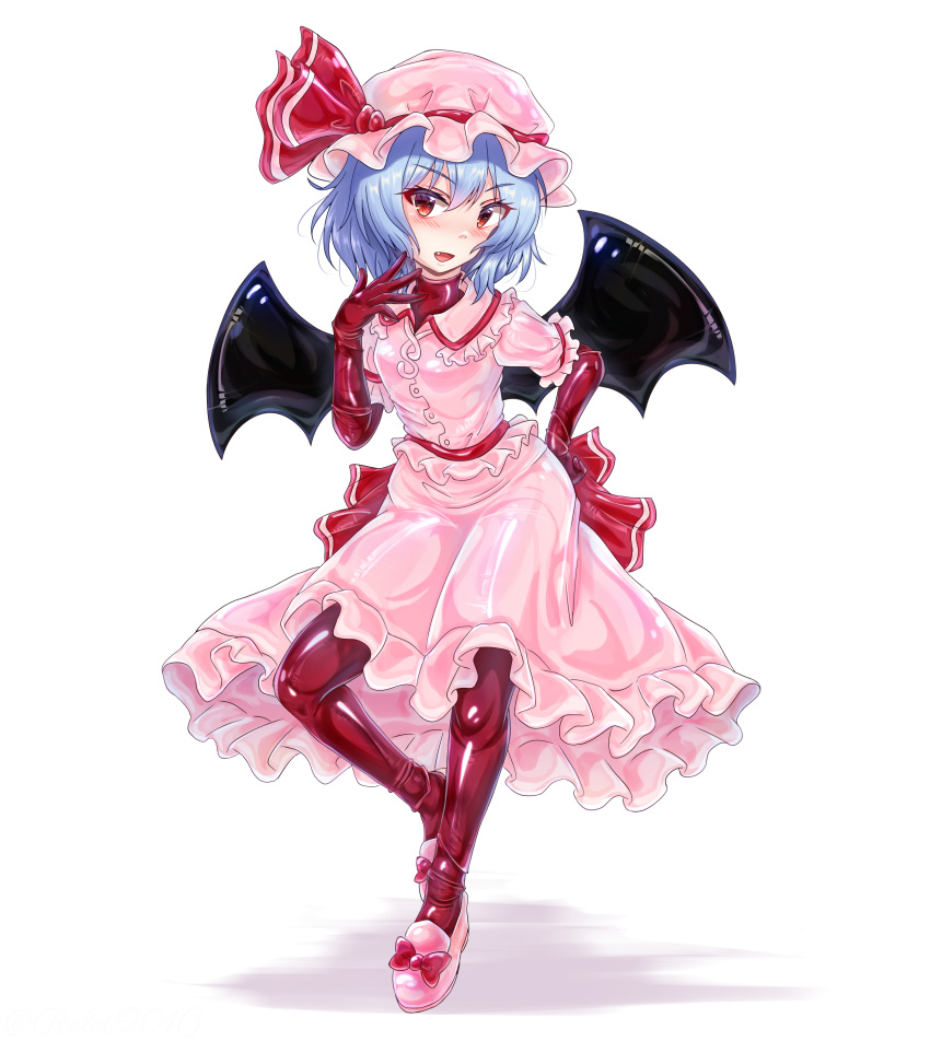 1girl, absurdres, back_bow, bat_wings, blue_hair, blush, bodysuit, bow