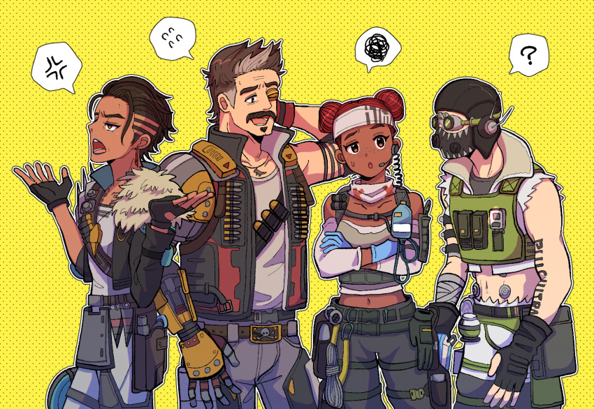 2boys, 2girls, :o, ?, apex_legends, ariga_(22pudding22), black_gloves, black_headwear