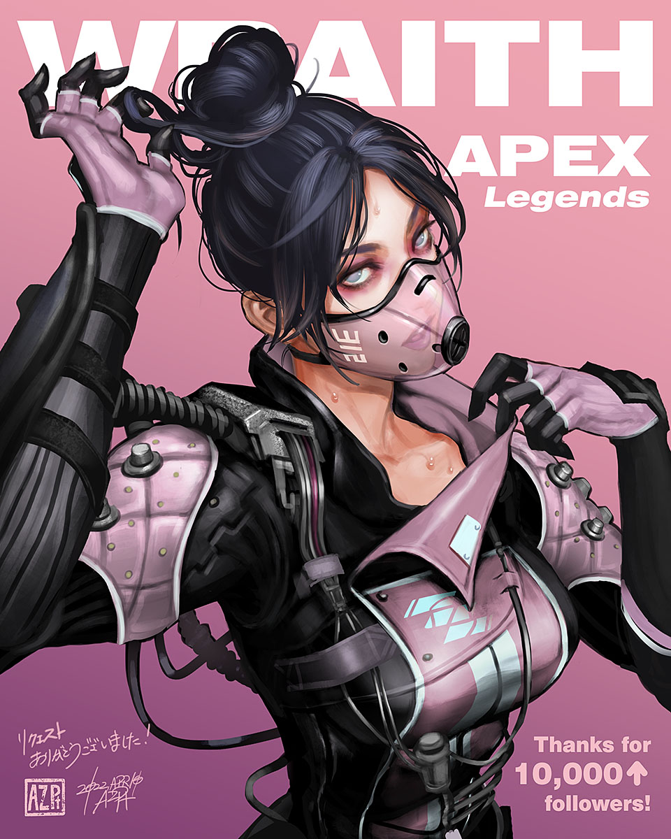 1girl, apex_legends, az_pt, black_hair, breasts, character_name, collarbone, copyright_name, dated, gloves, grey_eyes, hair_bun, head_tilt, highres, jacket, mask, medium_breasts, milestone_celebration, mouth_mask, official_alternate_costume, pink_background, pink_gloves, pink_jacket, portrait, realistic, solo, sweat, void_specialist_wraith, wraith_(apex_legends)