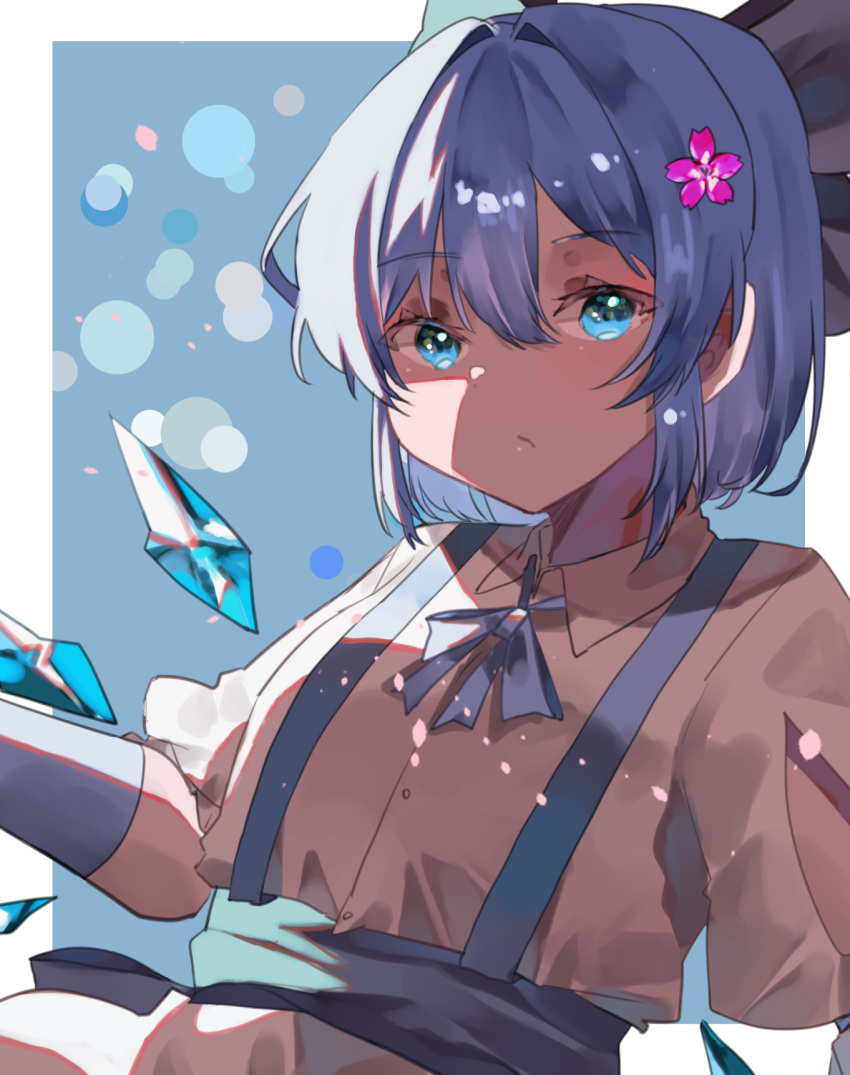 1girl, blue_bow, blue_eyes, blue_hair, bow, cherry_blossoms, cirno, collared_shirt