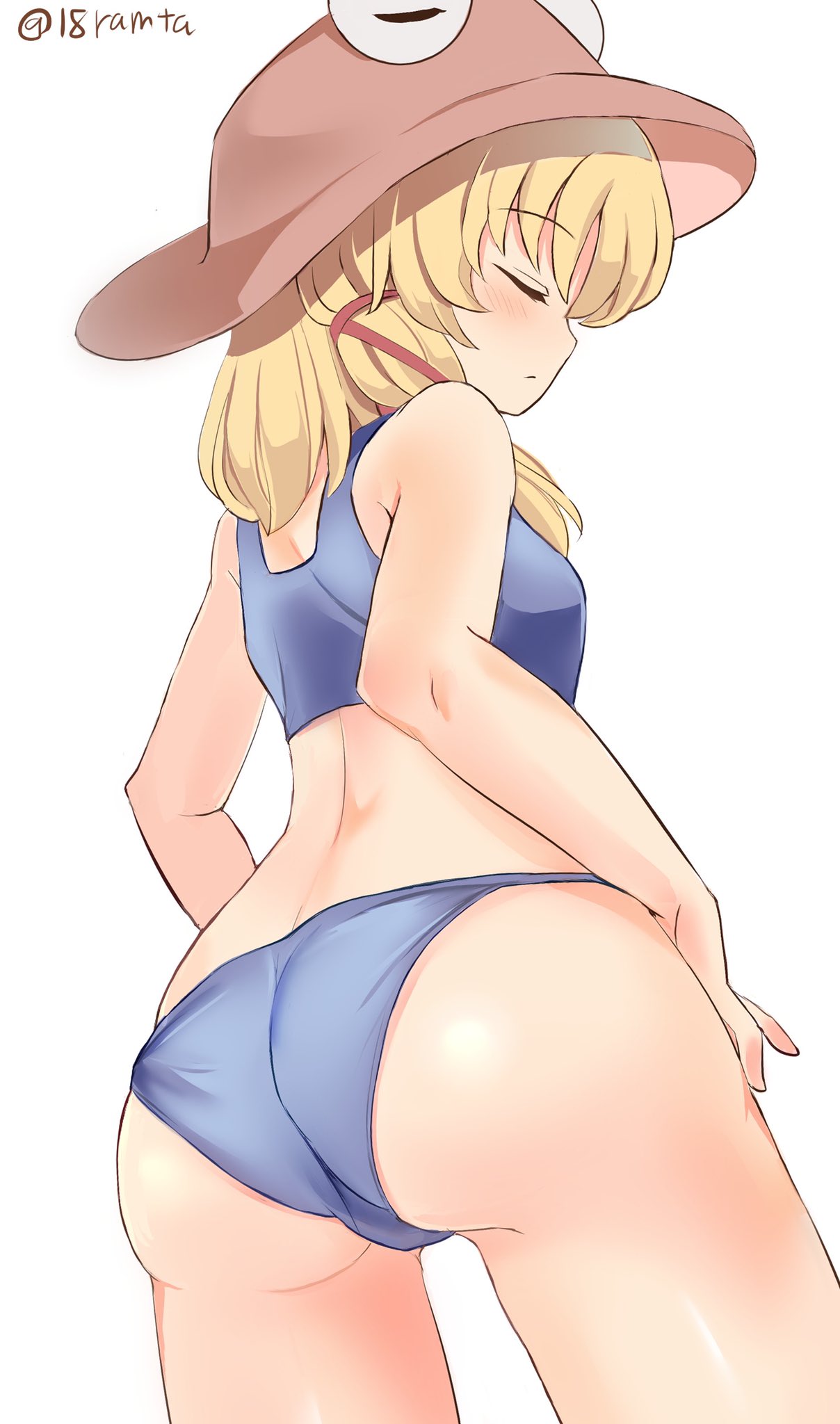 1girl, alternate_costume, ass, ass_focus, bare_shoulders, blonde_hair, blue_panties, blush