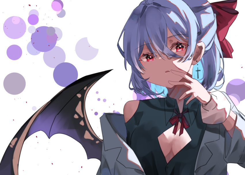 1girl, akame_(akame_ga_kill!), blue_hair, bow, breasts, cosplay, earrings, hair_bow