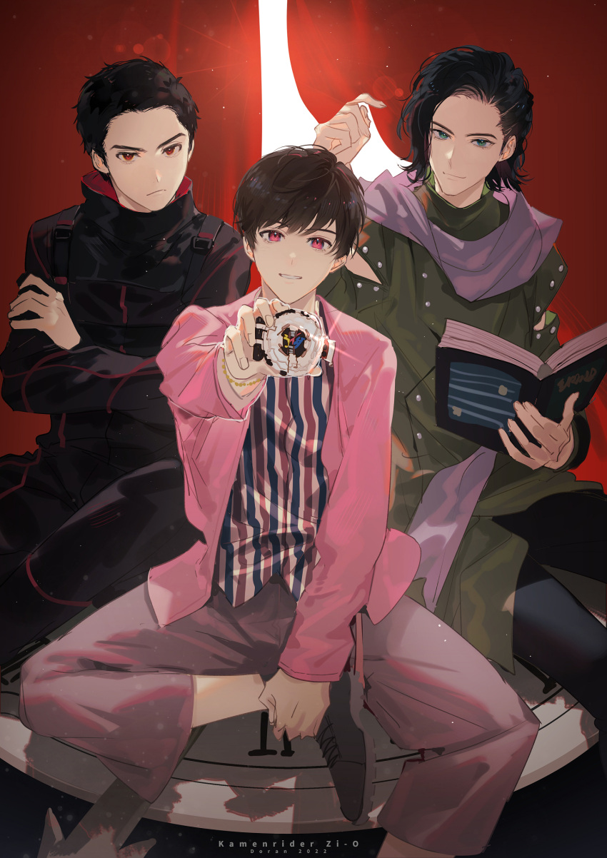 2022, 3boys, black_hair, black_jacket, black_pants, book, boots, brown_hair