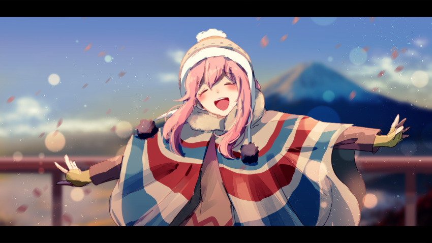 1girl, ^_^, bangs, blue_sky, blurry, blurry_background, blush, cake_mogo