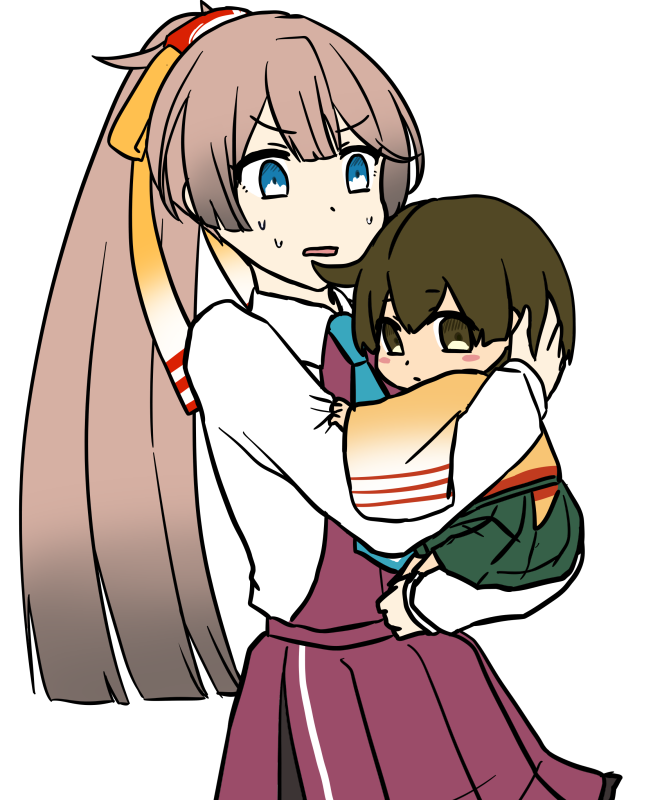 2girls, baby, blue_necktie, brown_eyes, brown_hair, dress, grey_eyes, hair_ribbon, halterneck, hiryuu_(kancolle), hug, iwana, japanese_clothes, kantai_collection, kazagumo_(kancolle), long_hair, looking_at_viewer, multiple_girls, necktie, ponytail, ribbon, school_uniform, shirt, short_hair, simple_background, sleeveless, sleeveless_dress, upper_body, white_background, white_shirt