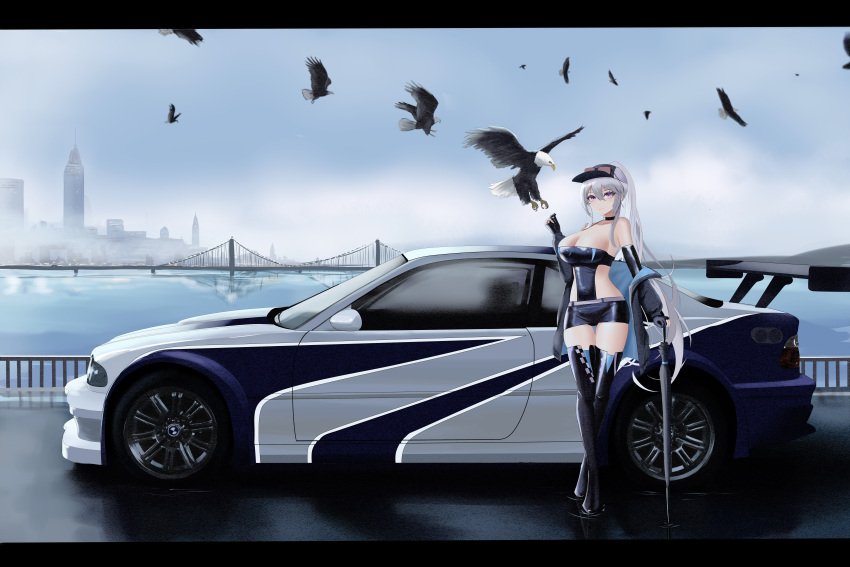 1girl, absurdres, azur_lane, bald_eagle, bird, bmw, bmw_m3, bridge