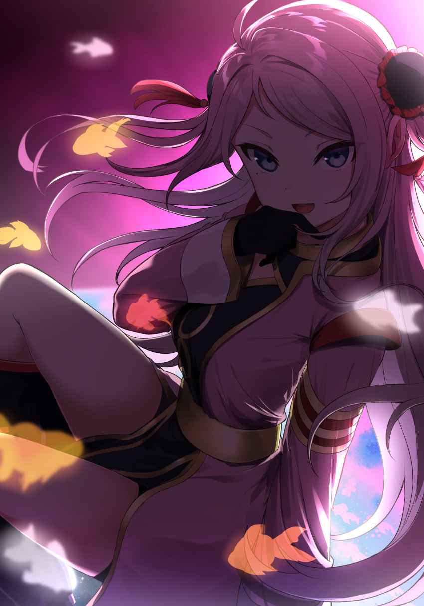 1girl, absurdres, ahoge, bangs, black_gloves, blue_eyes, breasts, cleavage_cutout