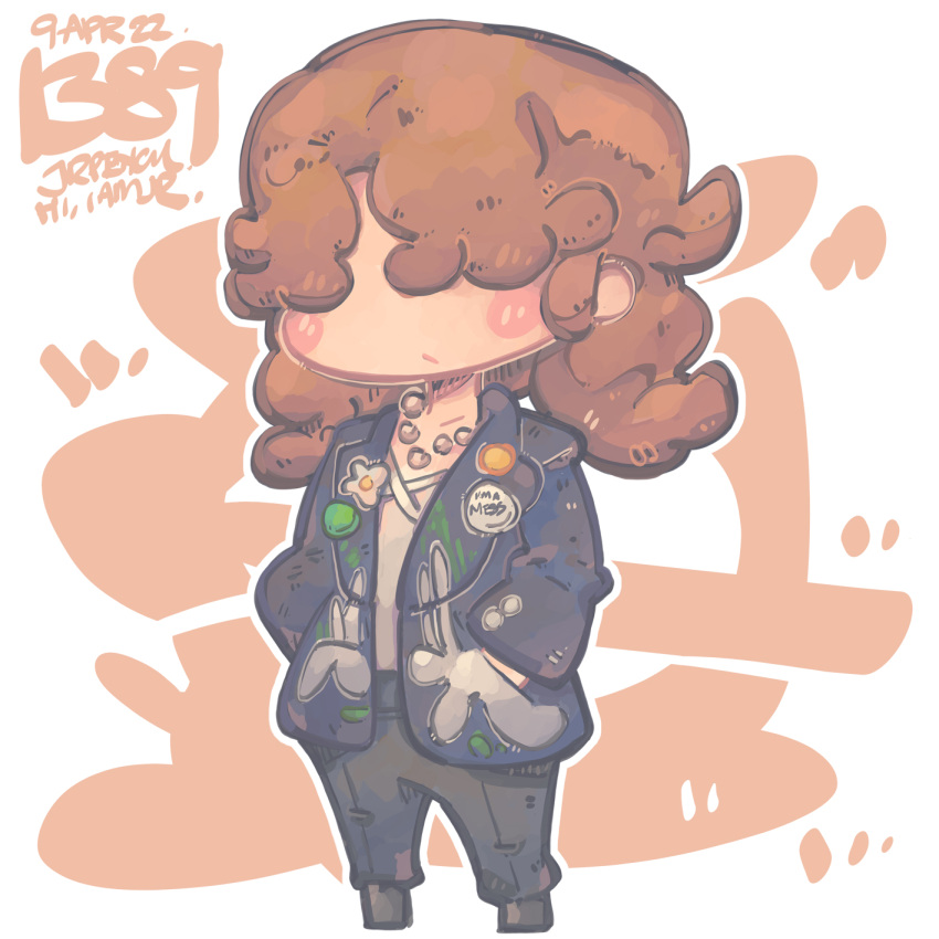 1boy, bangs, bigbang, black_jacket, black_pants, blush, brown_hair, chibi