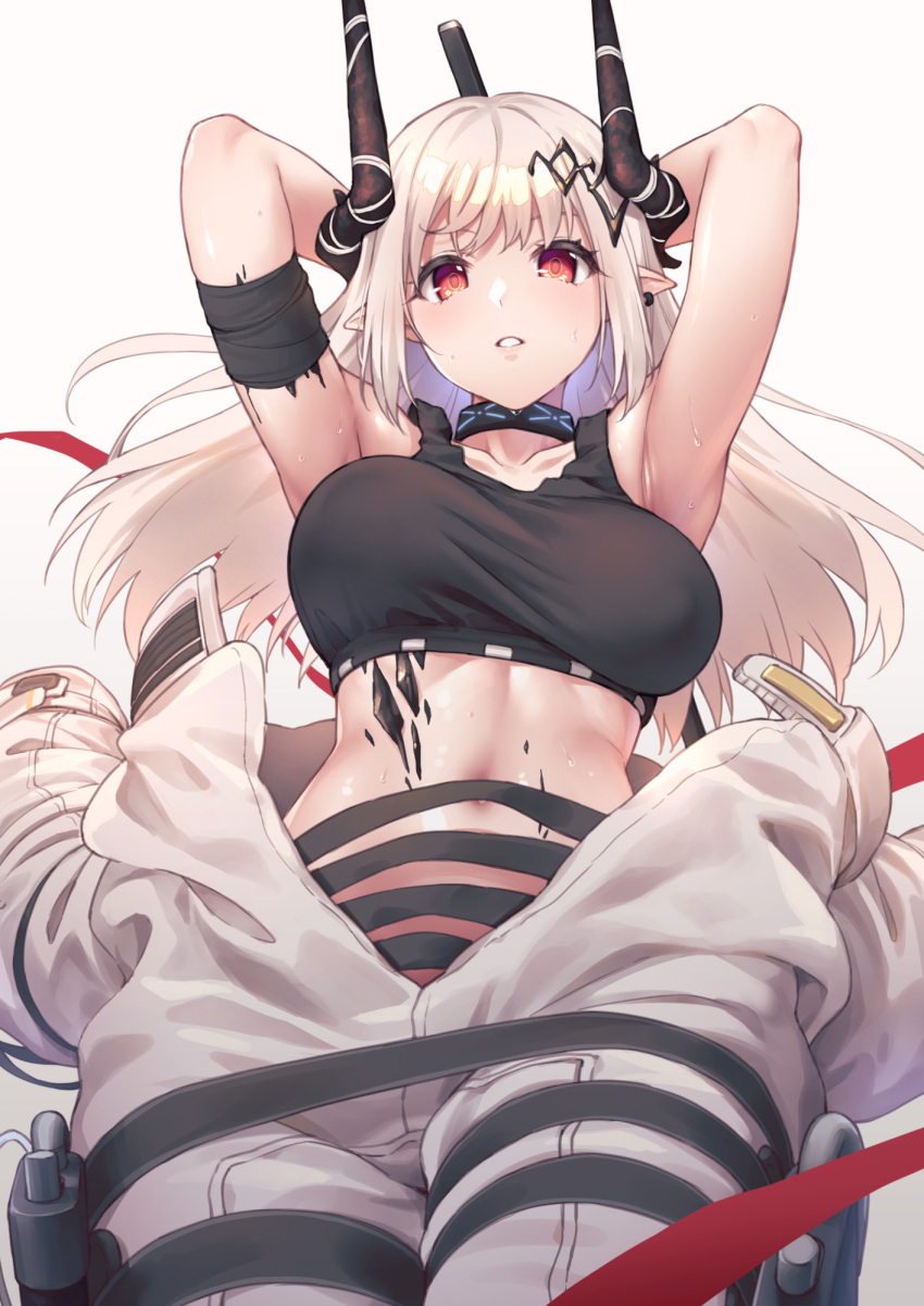 1girl, arknights, armband, armpits, arms_behind_head, arms_up, bangs, bare_shoulders
