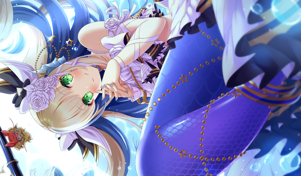 >_<, 1girl, bare_shoulders, blue_hair, blue_nails, blush, bow, bracelet