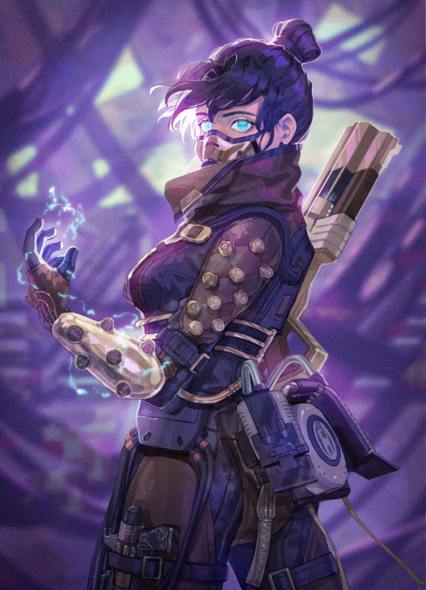1girl, airship_assassin_wraith, apex_legends, assault_rifle, black_bodysuit, black_gloves, black_hair, blue_eyes