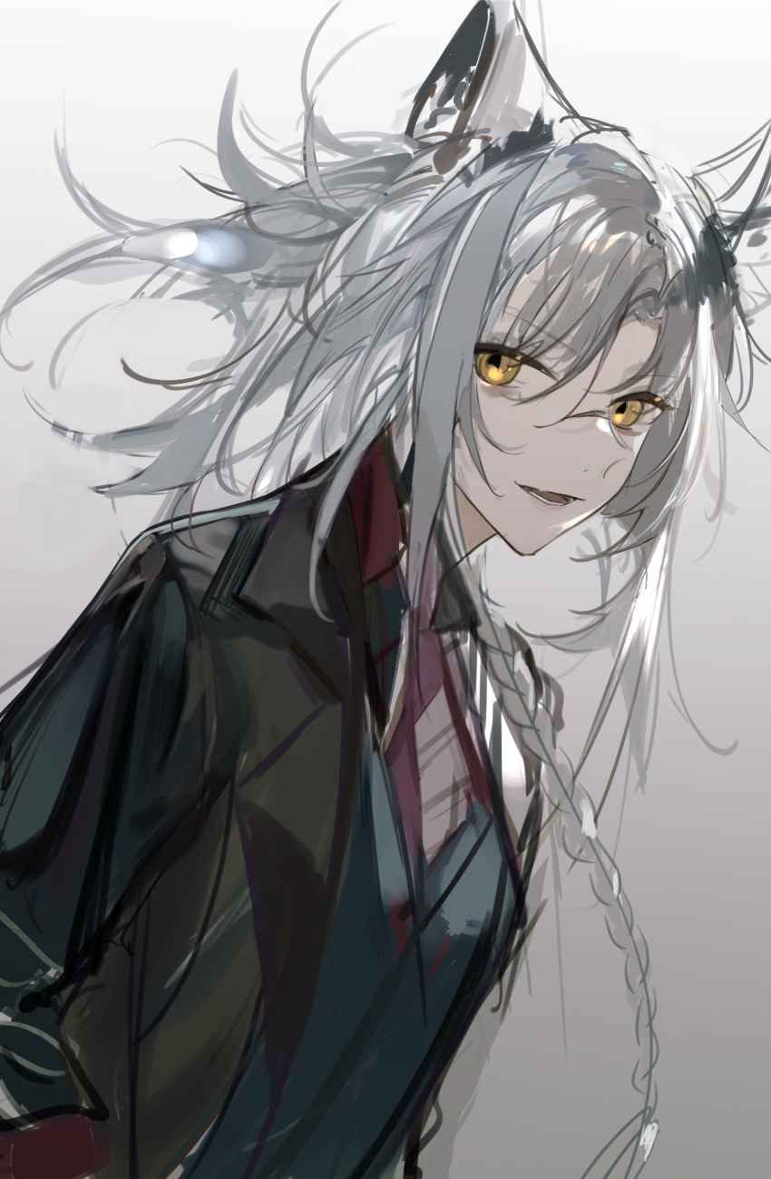 1girl, :d, absurdres, animal_ears, arknights, bangs, black_jacket, blue_shirt
