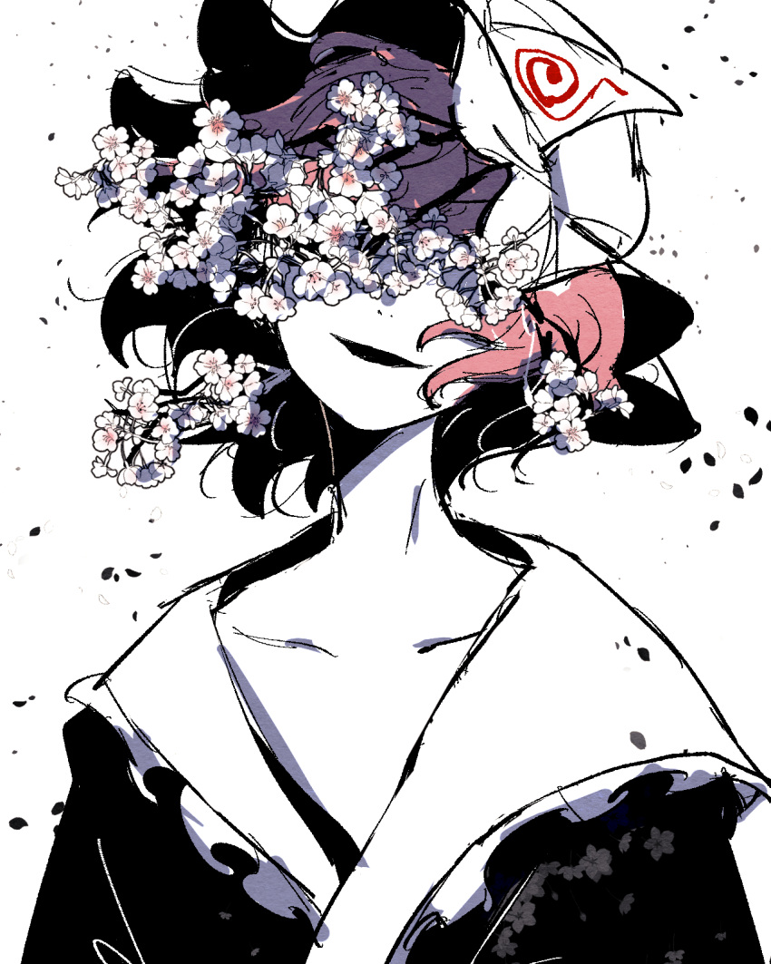 1girl, branch, cake_mogo, cherry_blossoms, collarbone, covered_eyes, english_commentary, flower, greyscale, hat, highres, japanese_clothes, kimono, limited_palette, mob_cap, monochrome, open_clothes, open_mouth, petals, saigyouji_yuyuko, short_hair, simple_background, smile, solo, spot_color, touhou, triangular_headpiece, upper_body, wavy_hair, white_background, white_flower