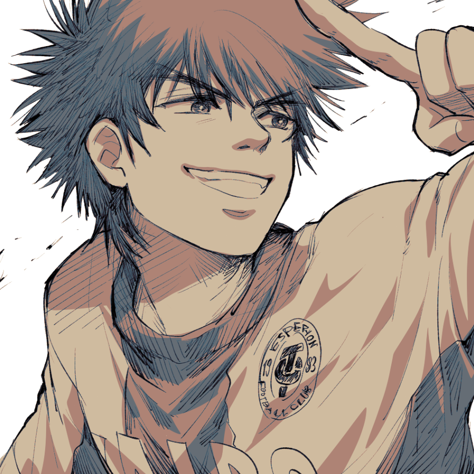 1boy, ao_ashi, grin, hand_up, ika_choco, looking_to_the_side, motoki_yuuma, pointing, short_hair, smile, solo, spiky_hair, sportswear, upper_body, white_background