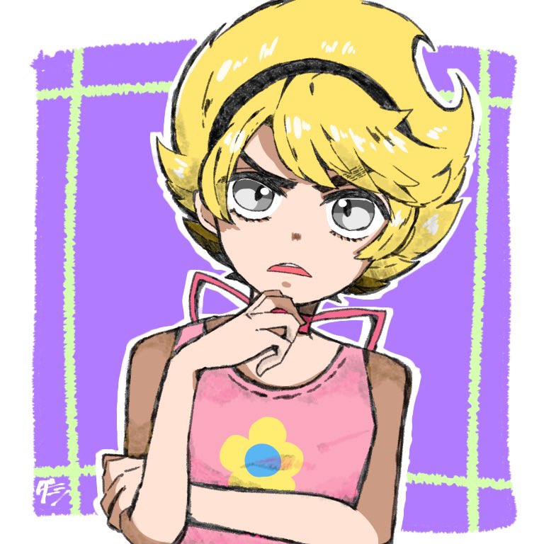 1girl, artist_request, blonde_hair, d:, grey_eyes, hairband, hand_on_own_chin, hand_up