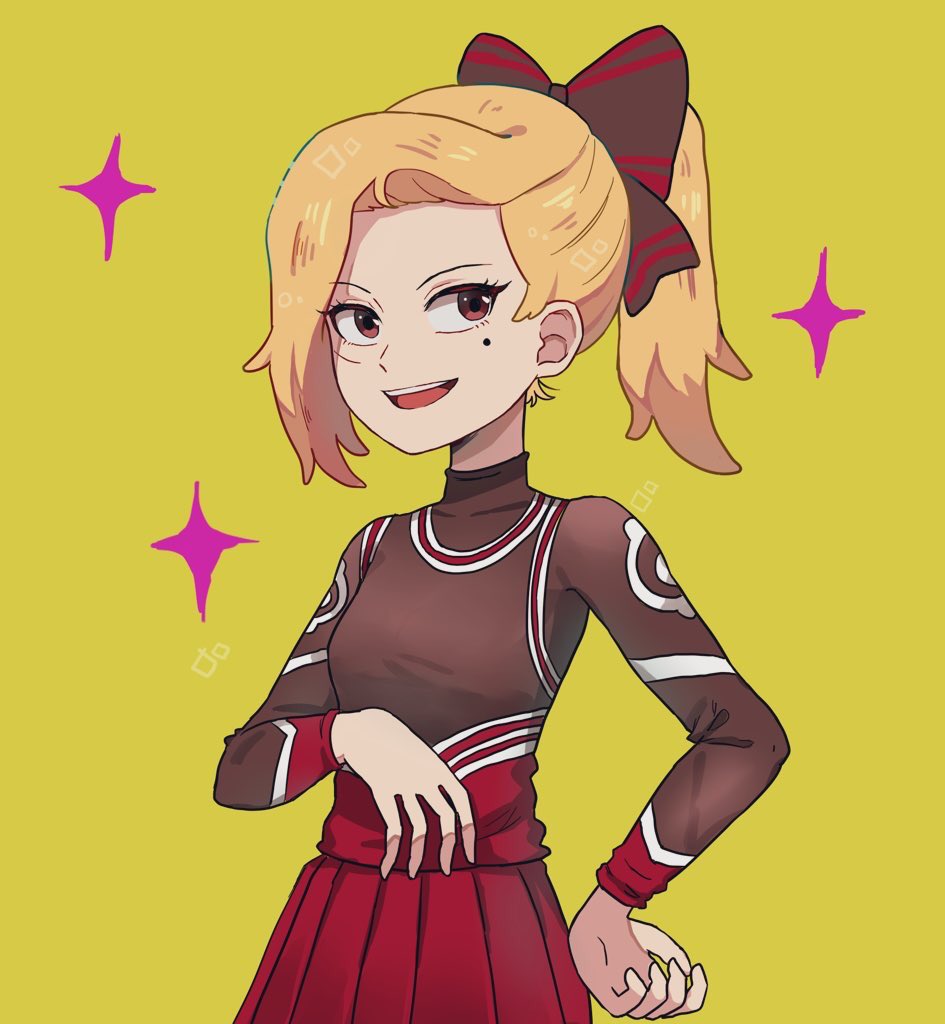 1girl, amphibia, blonde_hair, bow, brown_eyes, cheerleader, cowboy_shot, disney