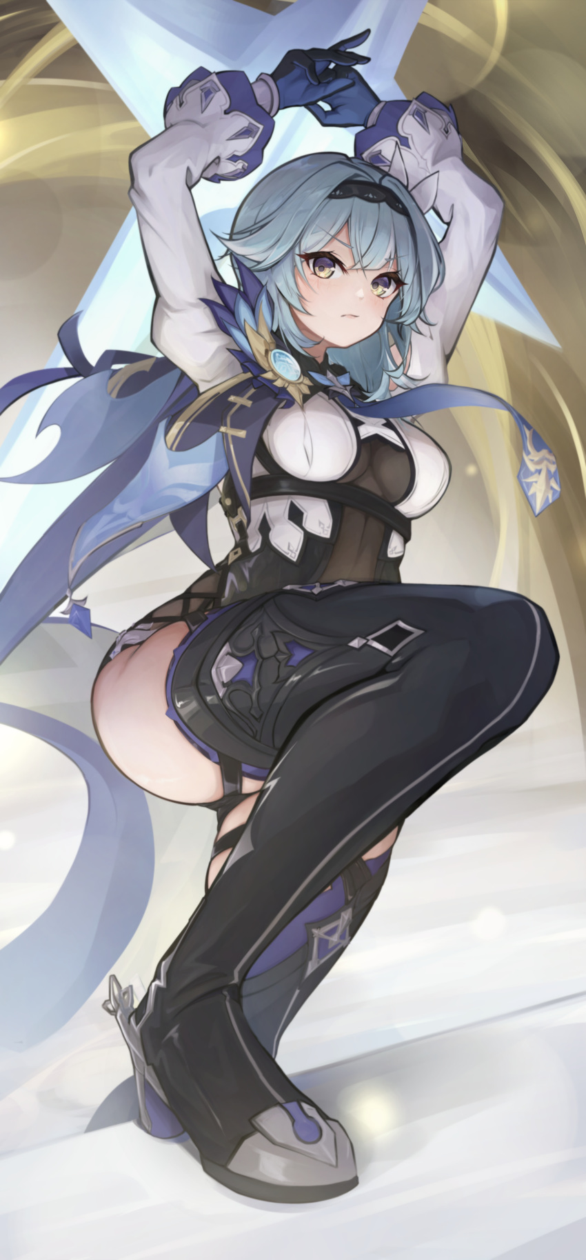 1girl, absurdres, arms_up, bangs, black_footwear, black_gloves, black_hairband, black_leotard