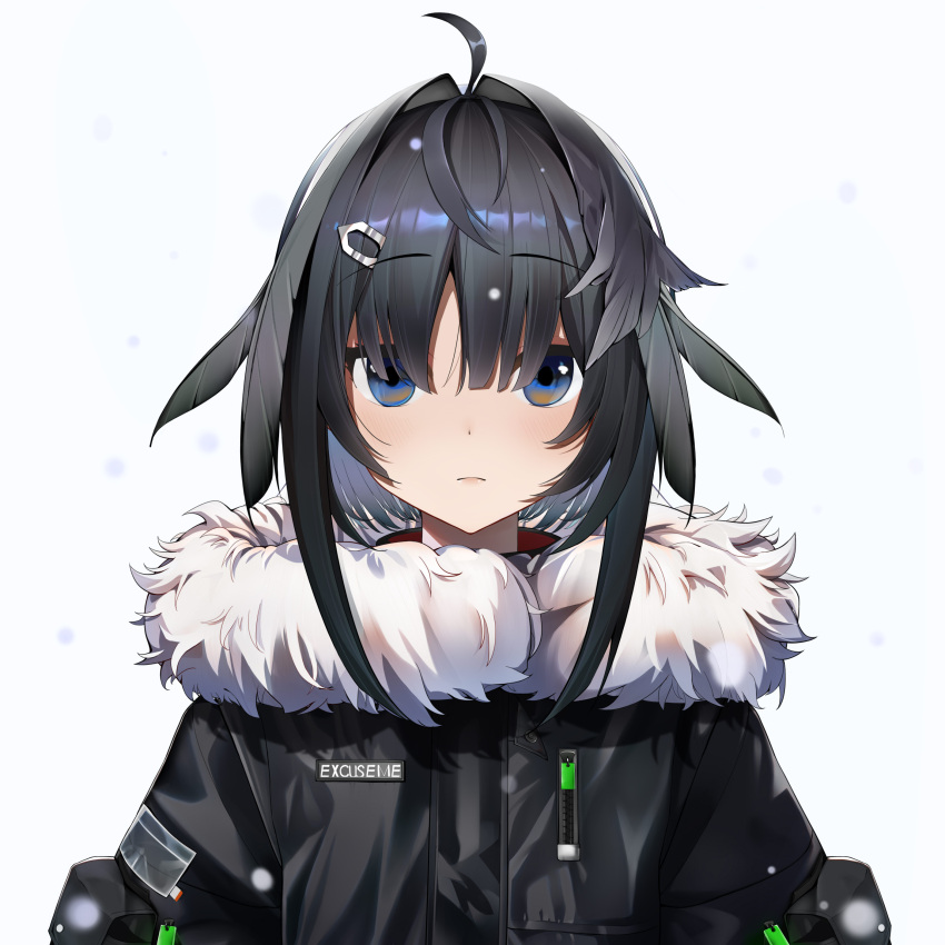 absurdres, ahoge, arknights, bangs, black_coat, black_hair, blue_eyes, blunt_bangs