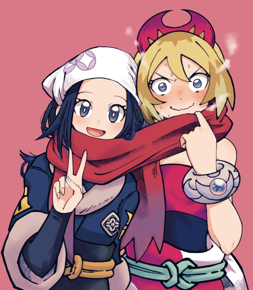 2girls, :d, akari_(pokemon), bangs, batchgooya, black_hair, black_sash, black_shirt