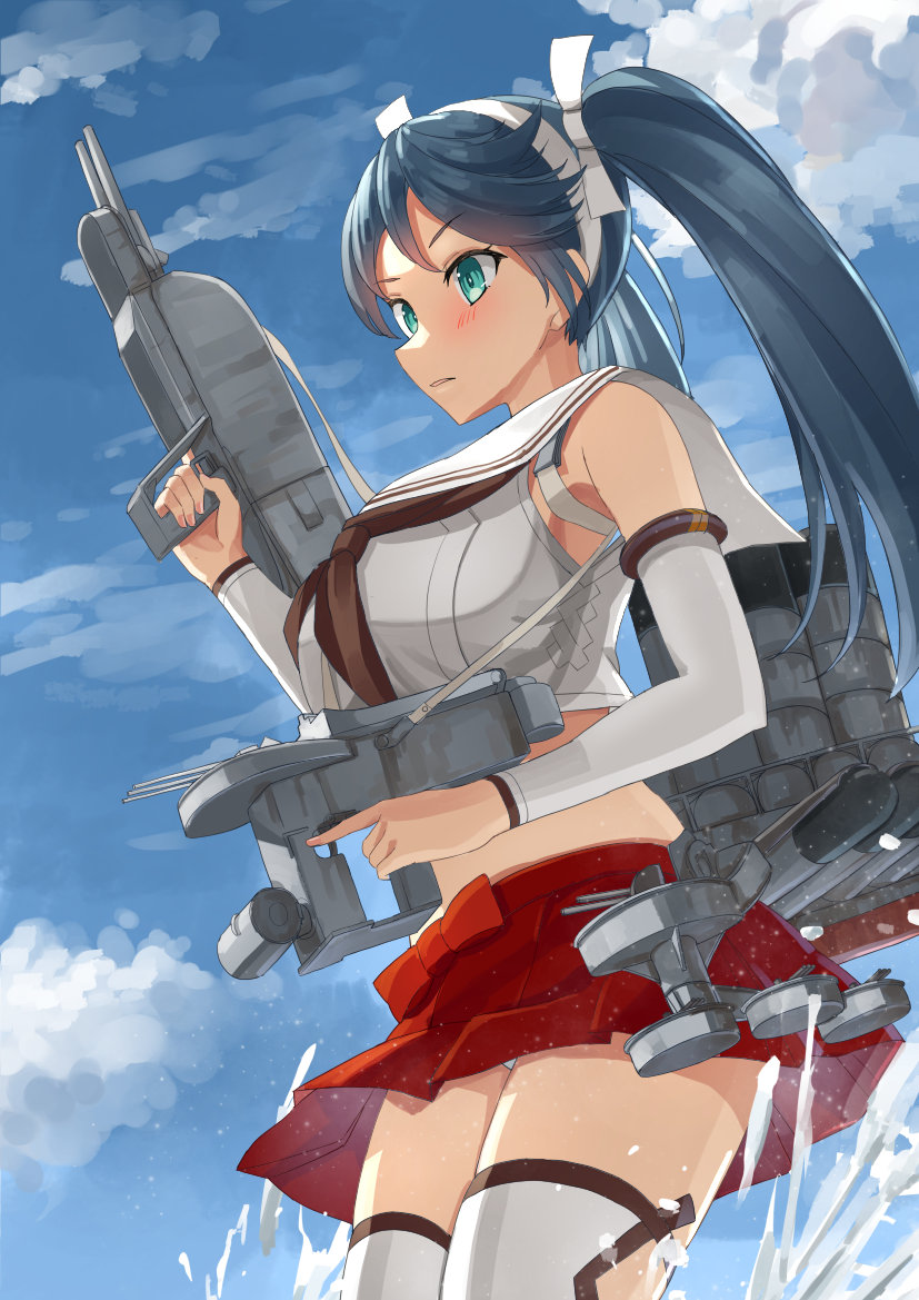1girl, blue_hair, blue_sky, brown_neckerchief, clouds, cowboy_shot, detached_sleeves, green_eyes