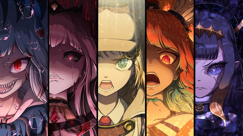 5girls, absurdres, angry, black_hair, black_sclera, blue_hair, blue_hoodie, blue_sclera, closed_mouth, colored_sclera, dongle_e, eyebrows_visible_through_hair, gawr_gura, gradient_hair, hair_ornament, hat, highres, hololive, hololive_english, holomyth, hood, hoodie, jewelry, long_hair, medium_hair, mori_calliope, multicolored_hair, multiple_girls, necktie, ninomae_ina'nis, open_mouth, orange_hair, pink_hair, pointy_ears, red_eyes, red_necktie, redhead, scythe, serious, shark_hair_ornament, sharp_teeth, shirt, sidelocks, silver_hair, takanashi_kiara, teeth, veins, virtual_youtuber, watson_amelia, white_shirt