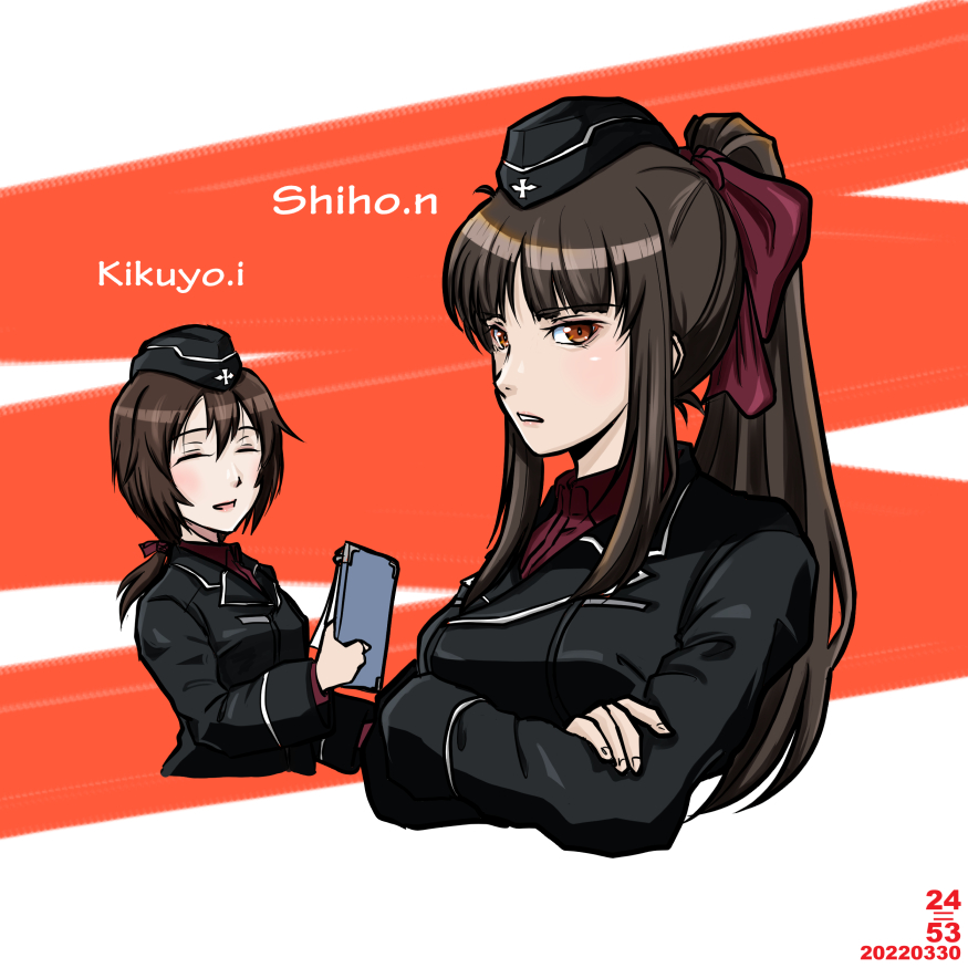 2girls, bangs, black_headwear, black_jacket, blunt_bangs, brown_eyes, brown_hair, clipboard