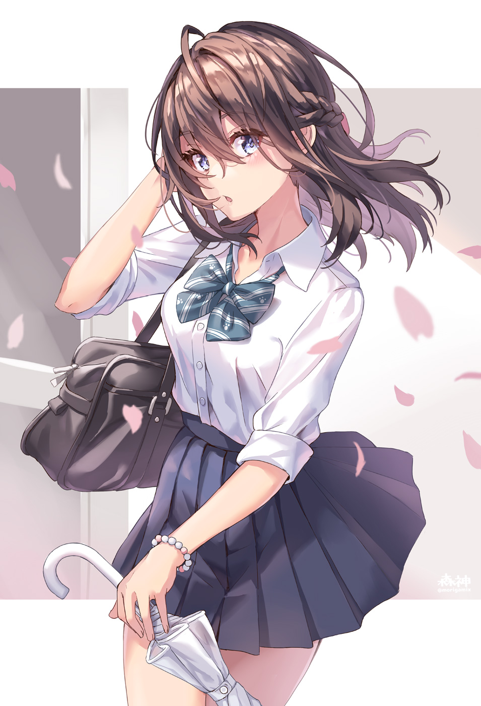 1girl, :o, ahoge, bag, bead_bracelet, beads, black_skirt, blue_bow