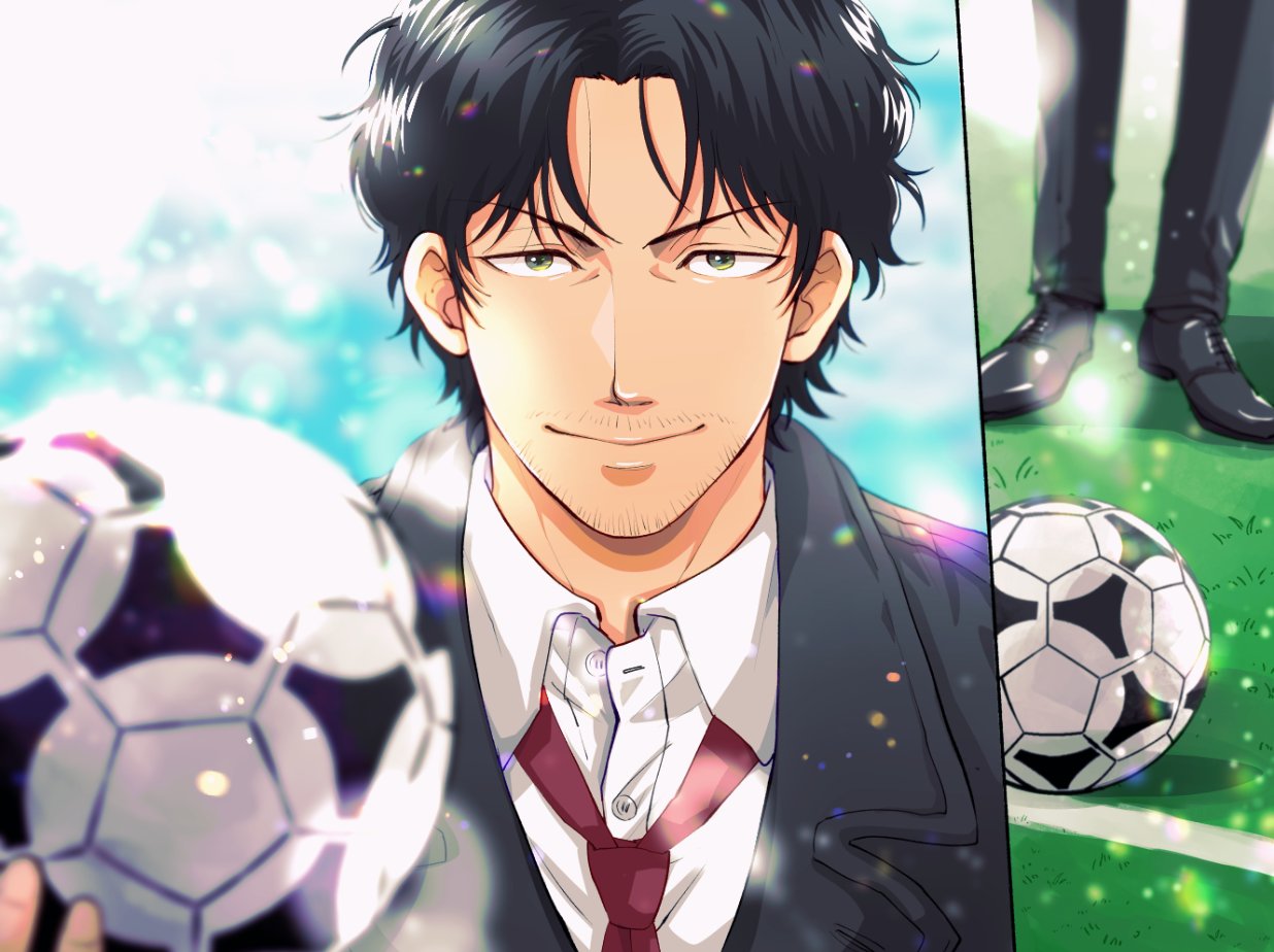 1boy, ao_ashi, ball, bangs, black_footwear, black_hair, black_pants, blurry, blurry_background, day, facial_hair, formal, fukuda_tatsuya, grass, ika_choco, looking_at_viewer, multiple_views, necktie, outdoors, pants, parted_bangs, red_necktie, soccer_ball, stubble, suit, upper_body