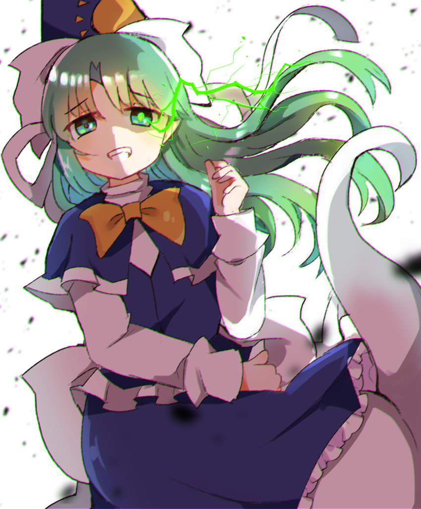 1girl, back_bow, blue_capelet, blue_headwear, blue_skirt, bow, capelet, eyebrows_visible_through_hair