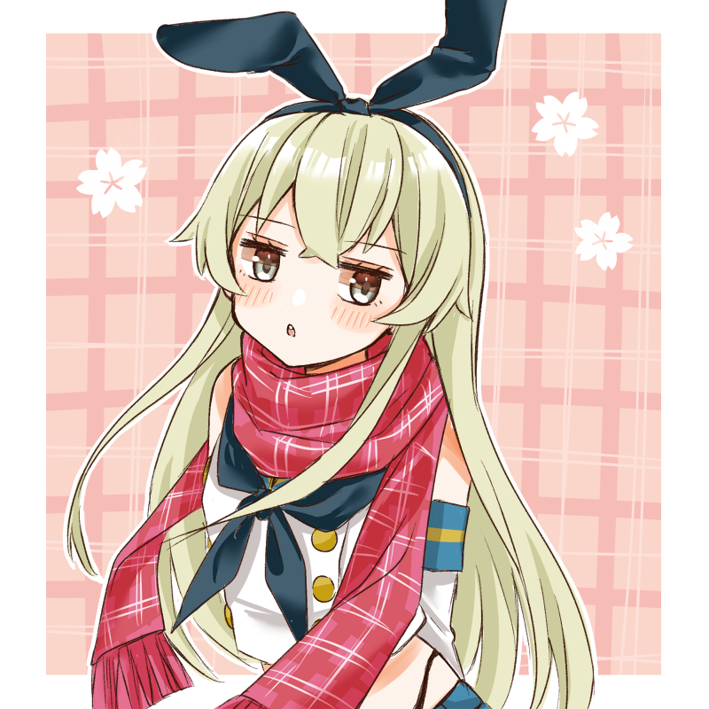 1girl, anchor_hair_ornament, black_neckerchief, black_panties, blonde_hair, cherry_blossoms, cocoperino, crop_top
