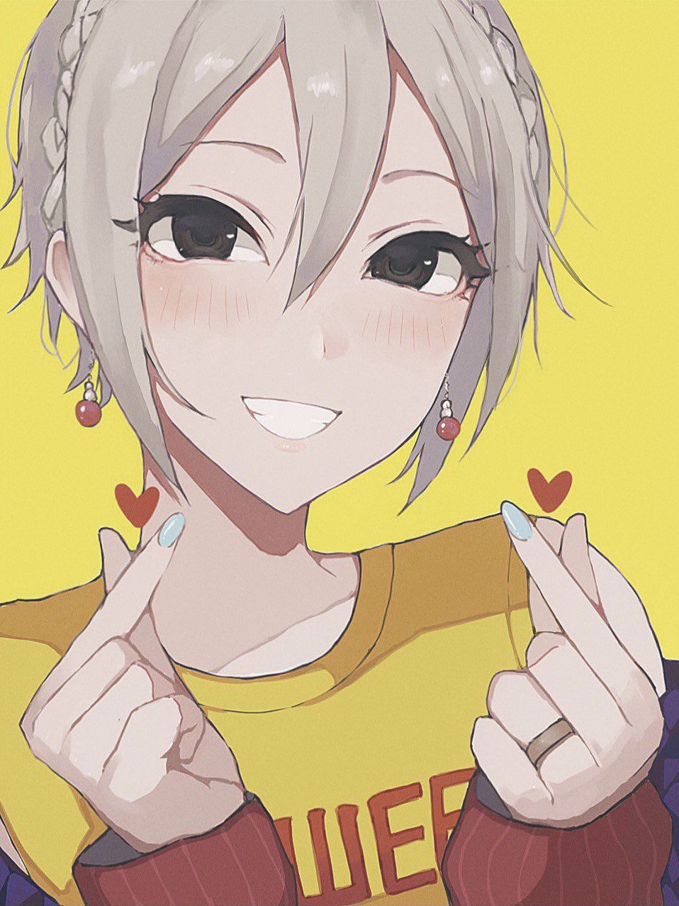 1girl, black_eyes, braid, crown_braid, earrings, finger_heart, grin, hair_between_eyes, heart, highres, idolmaster, idolmaster_cinderella_girls, jewelry, looking_at_viewer, mochipuyo, print_shirt, ring, shiomi_syuko, shirt, short_hair, silver_hair, simple_background, smile, solo, teeth, upper_body, yellow_background, yellow_shirt