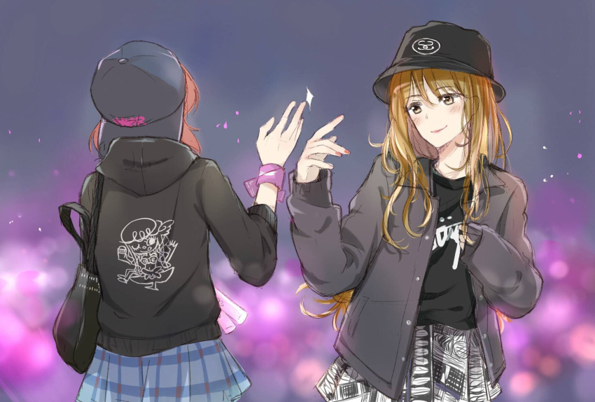 2girls, brown_hair, eris.y_(7hai), hat, highres, hood, hood_down, hooded_jacket