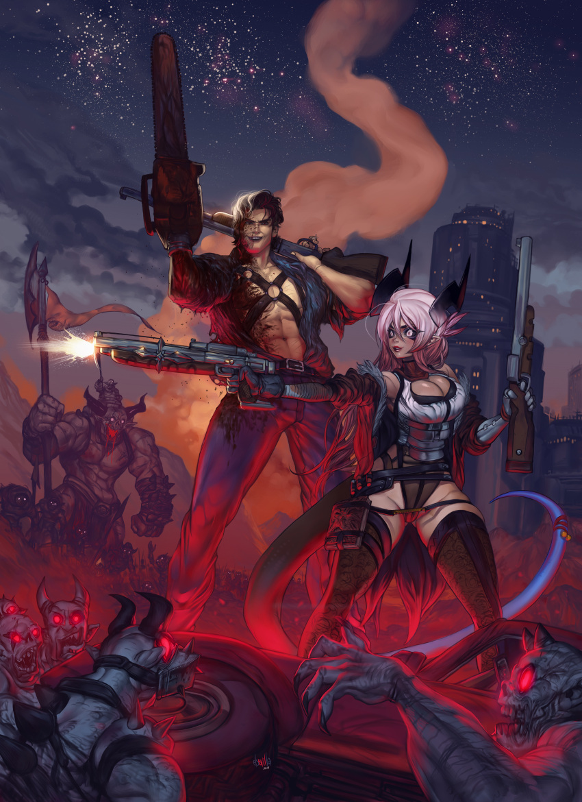 absurdres, aiko_(less), ashley_j_williams, demon, elsevilla, evil_dead, fighting_stance, gun