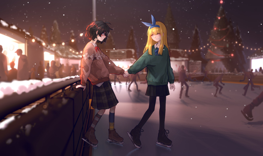 2girls, absurdres, ahoge, asymmetrical_legwear, bangs, black_hair, black_skirt, blind_girl_(popopoka), blonde_hair, blue_bow, blue_bowtie, blue_eyes, blue_hairband, bow, bowtie, brown_skirt, brown_sweater, bully_girl_(popopoka), christmas_tree, commentary, english_commentary, eyebrows_visible_through_hair, freckles, green_sweater, grin, hairband, highres, holding_hands, ice_skates, ice_skating, kneehighs, long_hair, mismatched_legwear, multiple_girls, night, original, outdoors, pale_skin, pantyhose, people, plaid, plaid_skirt, pleated_skirt, popopoka, red_bow, red_bowtie, shiny, shiny_hair, skates, skating, skirt, smile, snowing, standing, sweater, teeth, translation_request