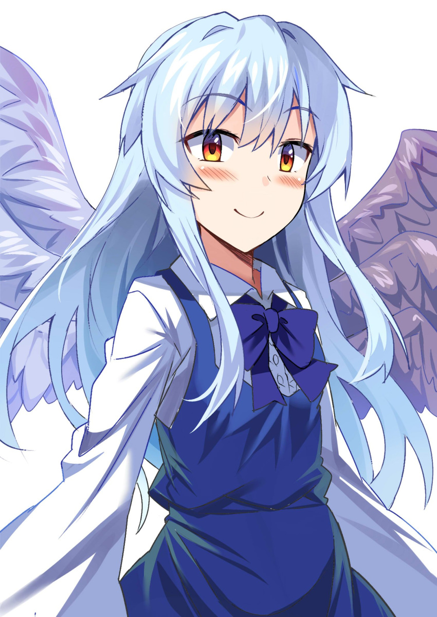 1girl, angel, bangs, blue_bow, blue_bowtie, blue_dress, blue_eyes, blue_wings