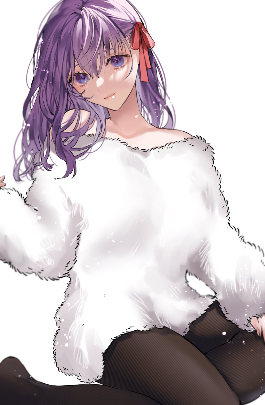 1girl, bangs, bare_shoulders, black_legwear, breasts, copyright_request, eyebrows_visible_through_hair, feet_out_of_frame, fur_sweater, hair_between_eyes, hair_ribbon, head_tilt, highres, light_smile, long_hair, looking_at_viewer, off-shoulder_shirt, off_shoulder, pantyhose, purple_hair, ribbon, shimatori_(sanyyyy), shirt, simple_background, sitting, solo, violet_eyes, white_background