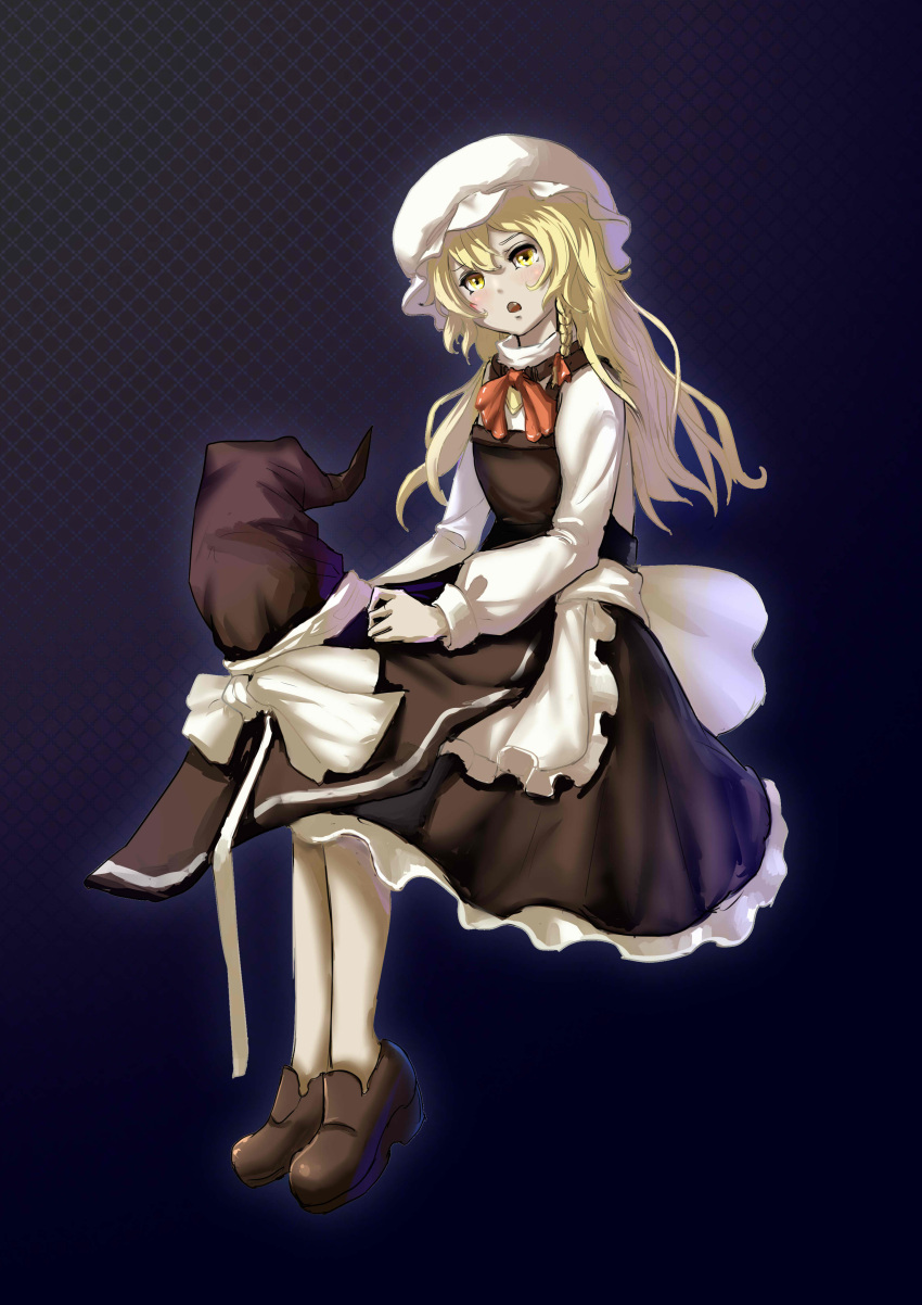 1girl, absurdres, alternate_headwear, apron, blonde_hair, bloody_cuke, blush, bow