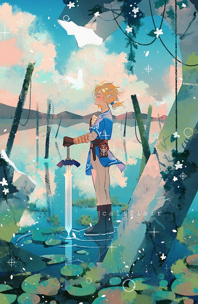 1boy, belt, black_footwear, blonde_hair, blue_tunic, blush, boots, brown_belt, califlair, closed_eyes, closed_mouth, clouds, commentary, day, from_side, holding, holding_sword, holding_weapon, lily_pad, link, male_focus, master_sword, navi, outdoors, pants, ripples, short_hair, short_ponytail, sky, smile, standing, sword, the_legend_of_zelda, the_legend_of_zelda:_breath_of_the_wild, walking, walking_on_liquid, water, weapon