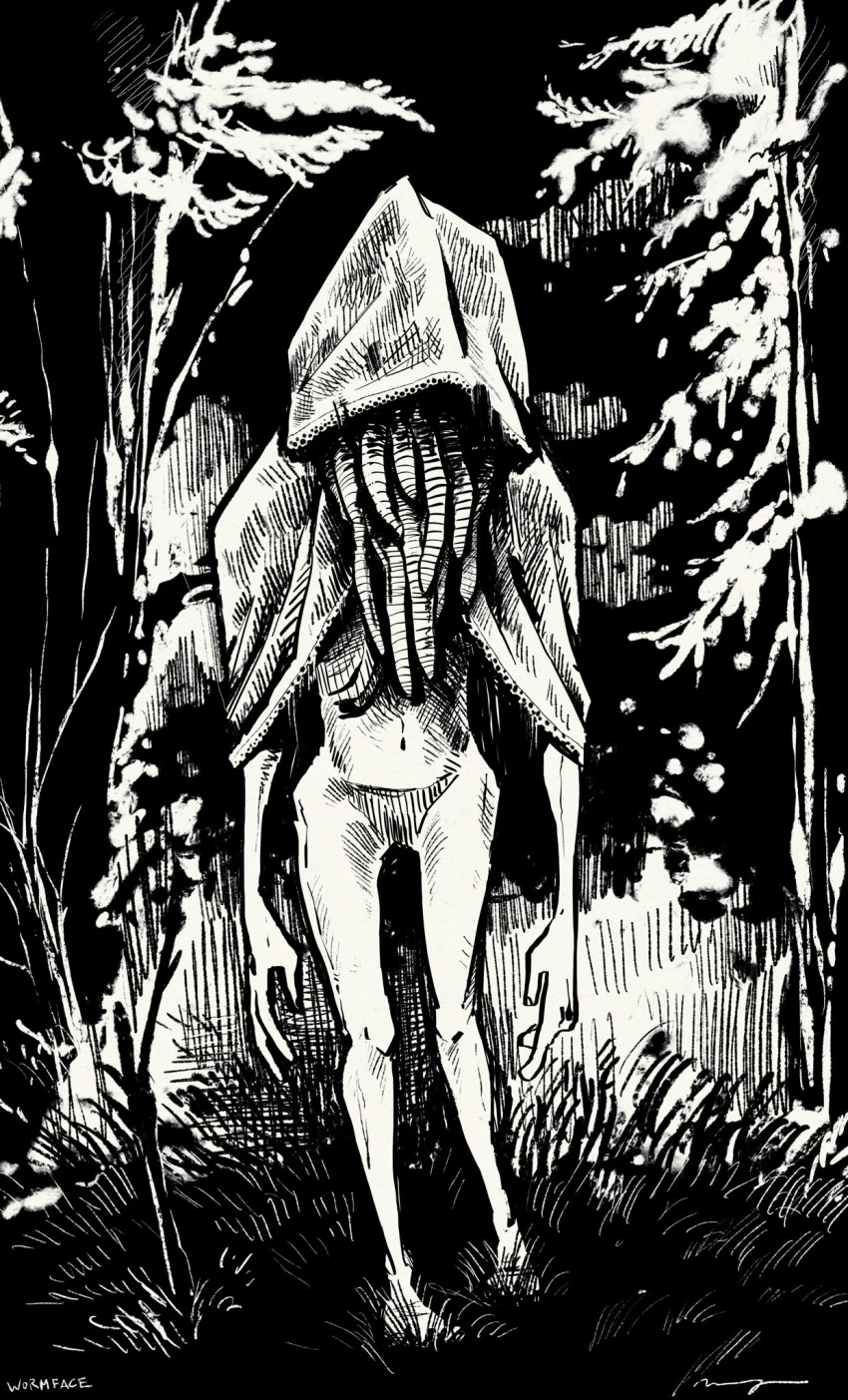 1other, cloak, elden_ring, forest, greyscale, highres, hood, hood_up