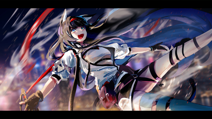 1girl, animal_ears, arknights, asymmetrical_legwear, belt, black_belt, black_gloves, black_skirt